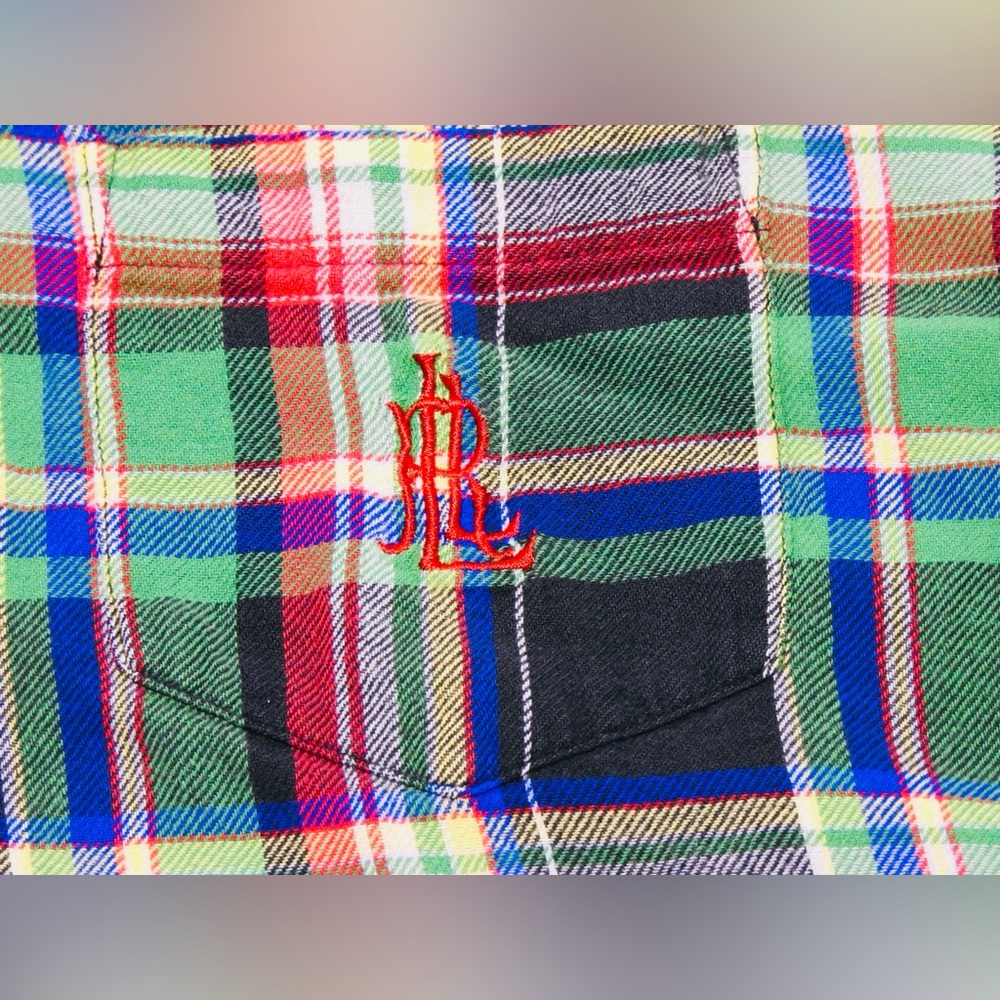 VTG Lauren Ralph Lauren Madras Plaid Top Womens XL Button Up‎ 3/4 Sleeve